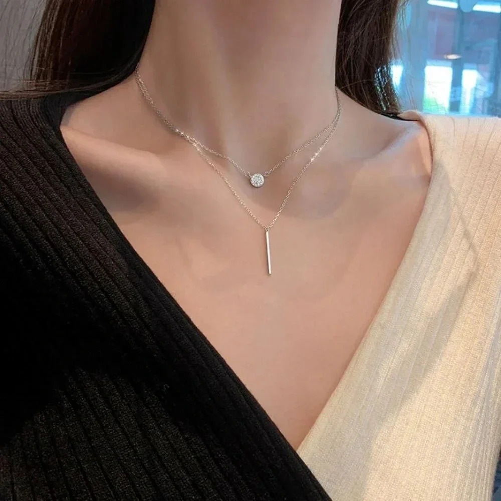 925 Sterling Silver Coin & Bar Layered Dainty Minimalist Chain Necklace - Picture 2 of 8